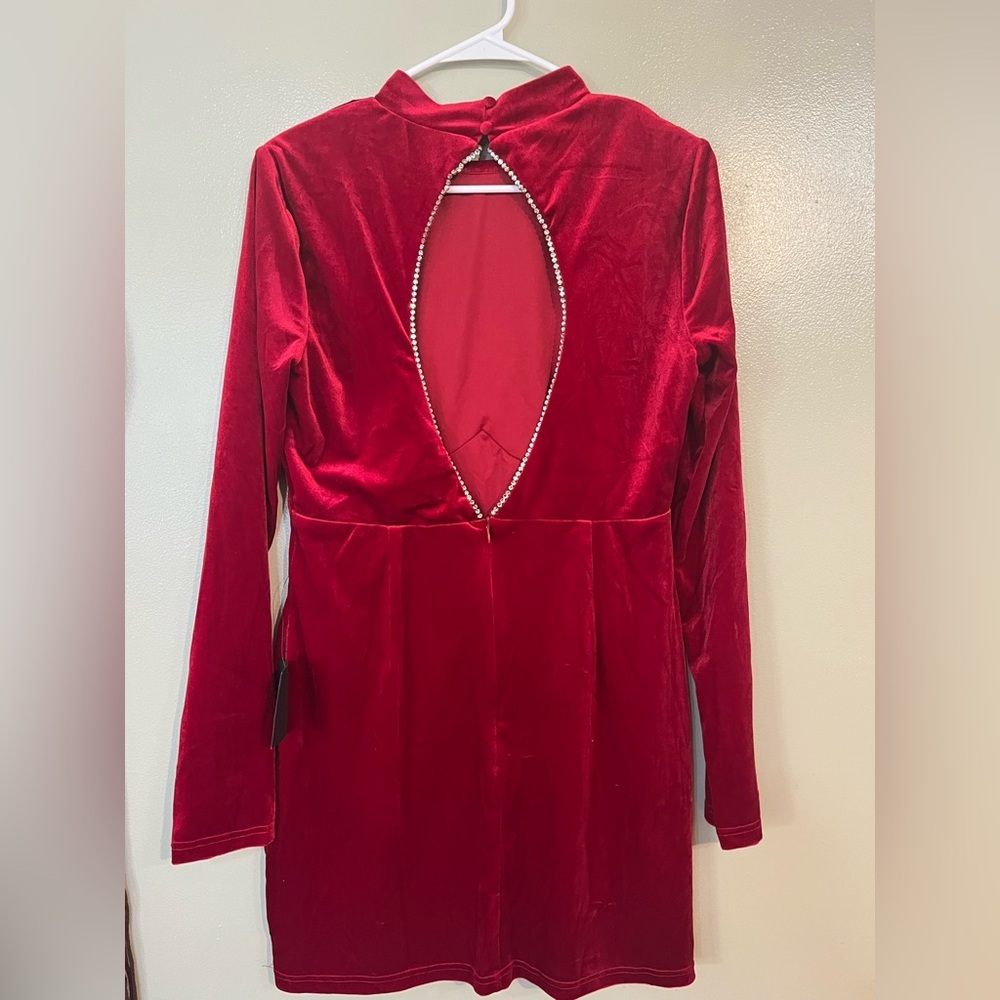 Lulu's Rich Red Velvet Long Sleeve Dress Open Back Sequins Mini XL Junior NWT